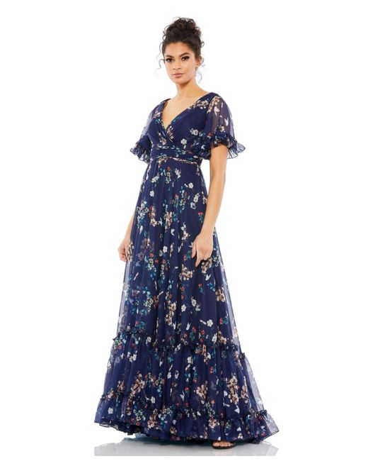Mac Duggal Ieena Flounce Sleeve Floral Maxi Dress