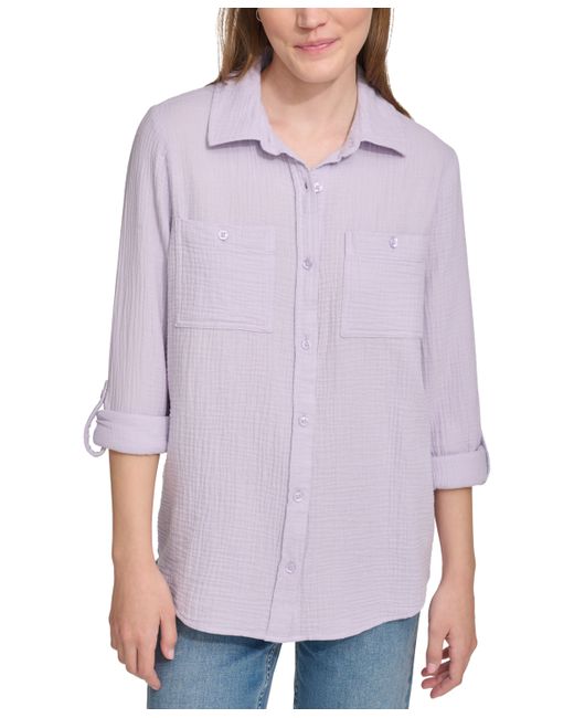 Calvin Klein Jeans Double-Crepe Button-Down Roll-Tab-Sleeve Shirt