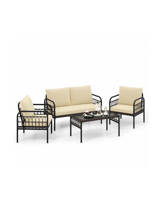 Sugift 4 Pieces Outdoor Wicker Conversation Bistro Set with Soft Cushions and Tempered Glass Coffee Table