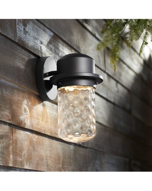 Possini Euro Design Mallow Modern Rustic Outdoor Wall Light Fixture Led Textured Steel 9 1/4 Clear Hammered Glass for Exterior House Porch Patio Outside Deck Garag