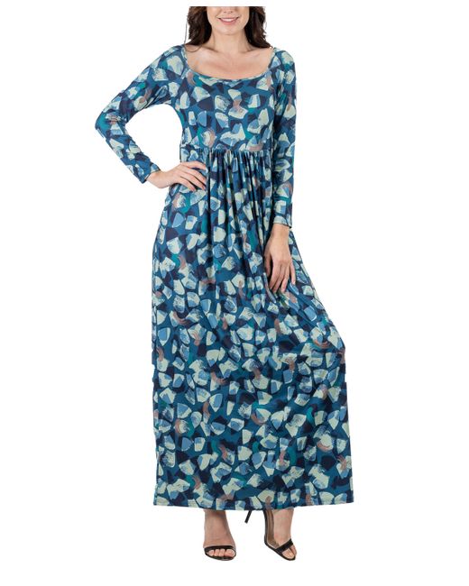 24seven Comfort Apparel Abstract Long Sleeve Pleated Maxi Dress