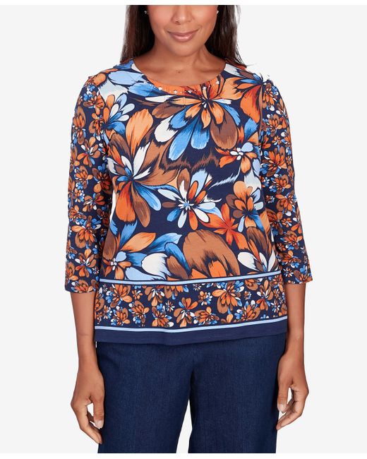 Alfred Dunner Petite Autumn Weekend Floral Border 3/4 Sleeve Top