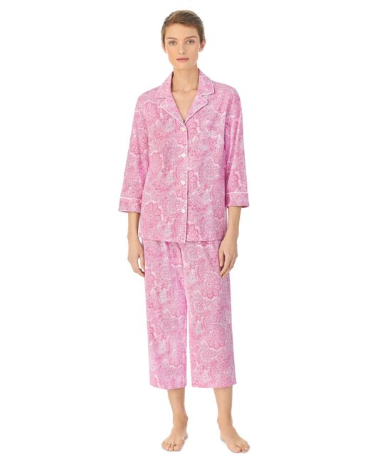 Lauren Ralph Lauren 3/4 Sleeve Cotton Notch Collar Capri Pant Pajama Set