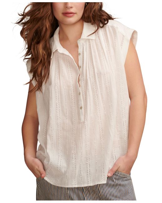 Lucky Brand Cotton Embroidered Collared Popover Blouse