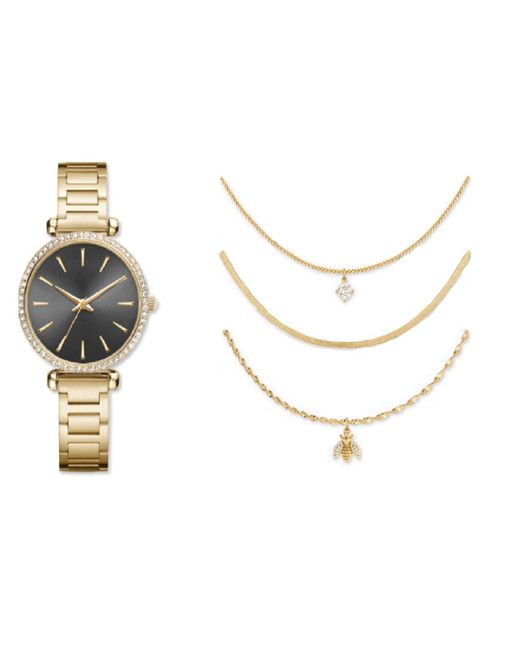 Jessica Carlyle Analog Shiny Tone Metal Bracelet Watch 4 Pieces Necklace Gift Set