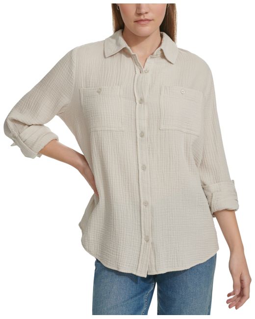 Calvin Klein Jeans Double-Crepe Button-Down Roll-Tab-Sleeve Shirt