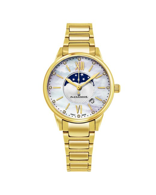 Alexander Ladies Quartz Moonphase Date Watch with Yellow Gold Tone Stainless Steel Case on Bracelet Silver Diamond D
