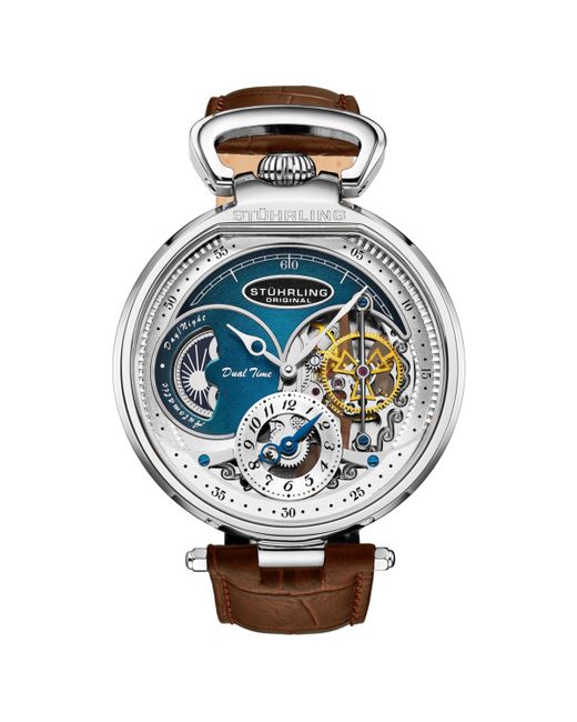 Stuhrling Automatic Dual Time Alloy Case Skeleton Dial Alligator Embossed Genuine Leather Strap Watch
