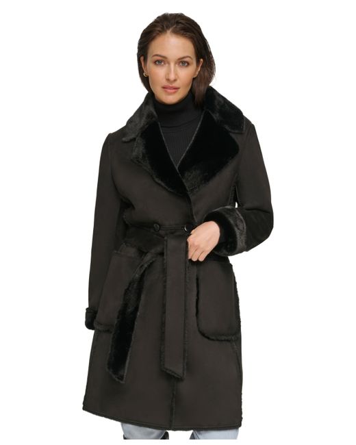Dkny Belted Notched-Collar Faux-Shearling Coat Created for