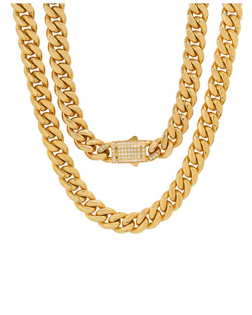 SteelTime 18k Stainless Steel Thick Cuban Link Chain Necklace with Simulated Diamonds Clasp