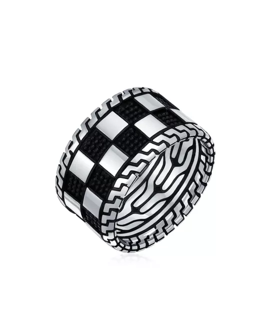 Bling Jewelry Inside Out Design Two Tone Black Geometric Check Board Squares Chess Ring Band For Heavy Solid 925 Handmade Turkey Wide 12