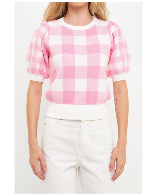 English Factory Gingham Puff Sleeve Knit Top