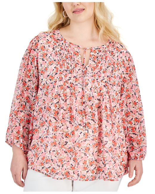 Tommy Hilfiger Plus Floral Pintucked Blouse Peony