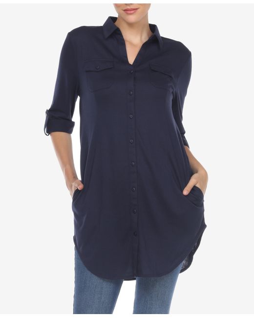 White Mark Stretchy Button-Down Tunic Top