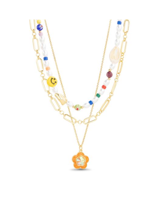 Kensie 3 Piece Mixed Beaded and Chain Necklace Set with Flower Charm Pendant