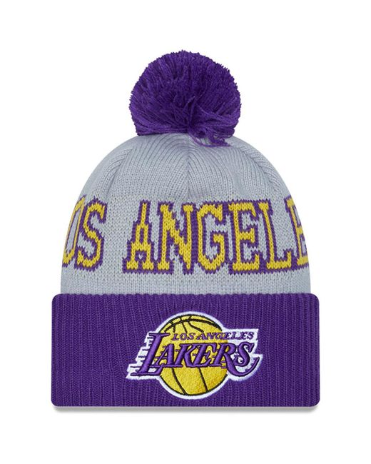 New Era Gray Los Angeles Lakers Tip-Off Two-Tone Cuffed Knit Hat with Pom