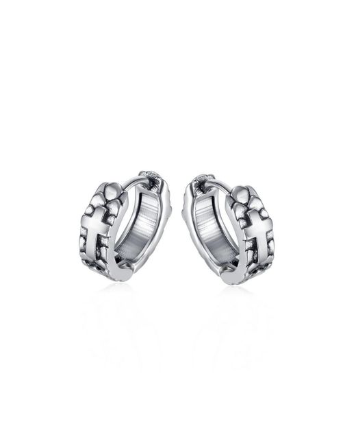 Metallo Oxidized Pebbled Cross Huggie Hoop Earrings