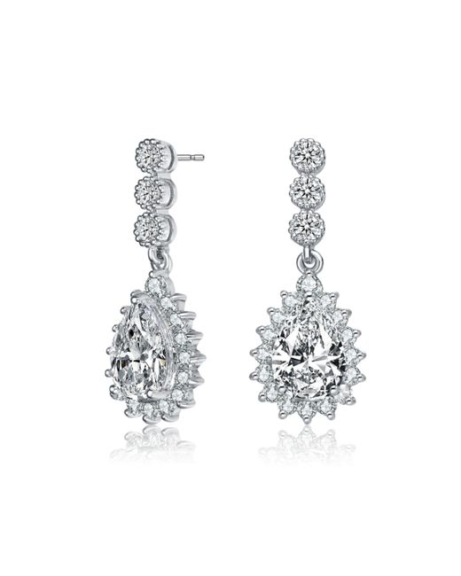 Genevive Sterling with White Gold Plated Clear Pear and Round Cubic Zirconia Halo Drop Earrings