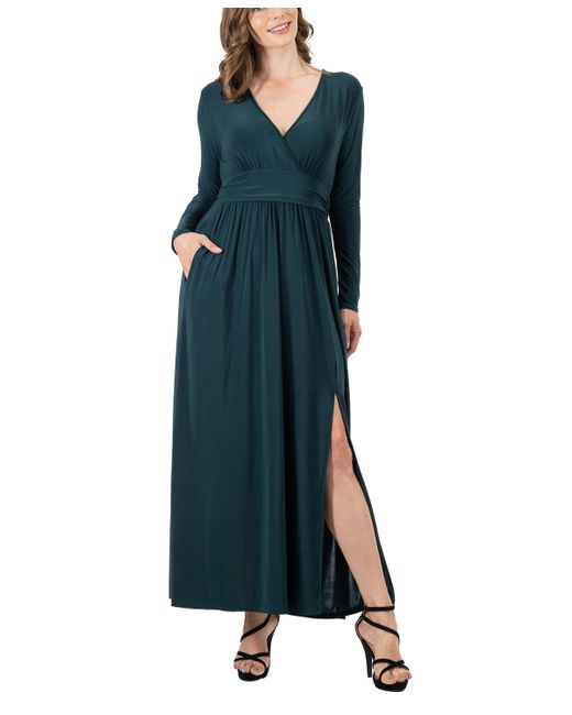 24seven Comfort Apparel Long Sleeve V-neck Side Slit Maxi Dress