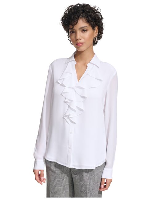 Calvin Klein Ruffle-Front Long-Sleeve Shirt