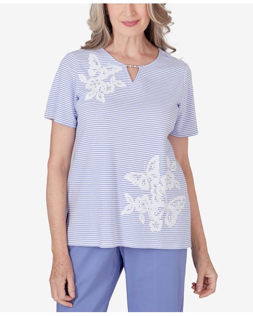Alfred Dunner Summer Breeze Mini Stripes T-shirt with Butterfly Lace Detail