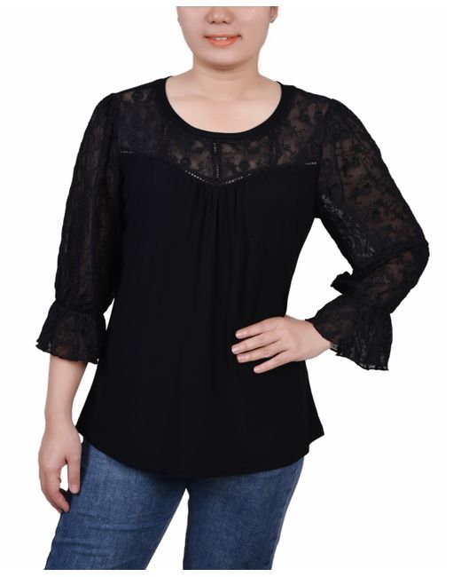 Ny Collection Petite 3/4 Sleeve with Embroidered Mesh Yoke and Sleeves Crepe Top
