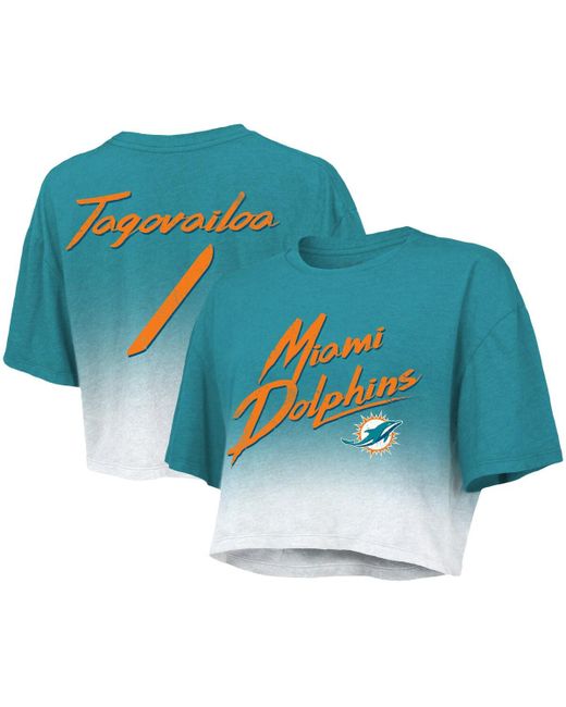 Majestic Threads Tua Tagovailoa Miami Dolphins Drip-Dye Player Name and Number Tri-Blend Crop T-shirt