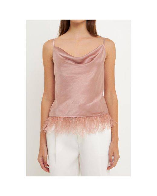 Endless Rose Satin Cowl Neck Top with Feather