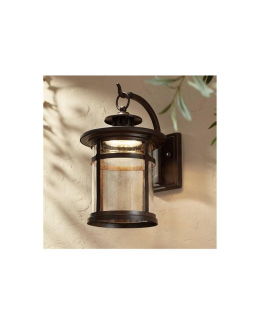 Franklin Iron Works Callaway Rustic Outdoor Wall Light Fixture Led Bronze Steel 14 1/2 Clear Seedy Glass Lantern for Exterior House Porch Patio Outside Deck Garage Yard