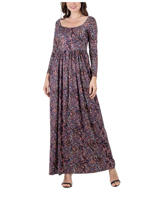 24seven Comfort Apparel Floral Long Sleeve Pleated Maxi Dress