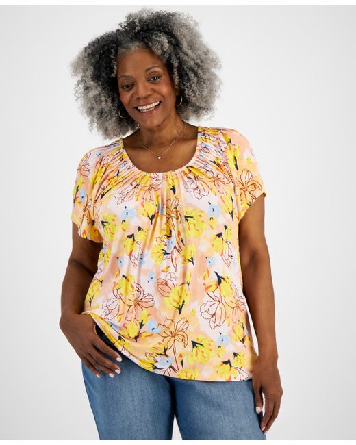 Style & Co Plus Printed Pleated-Neck Top Created for