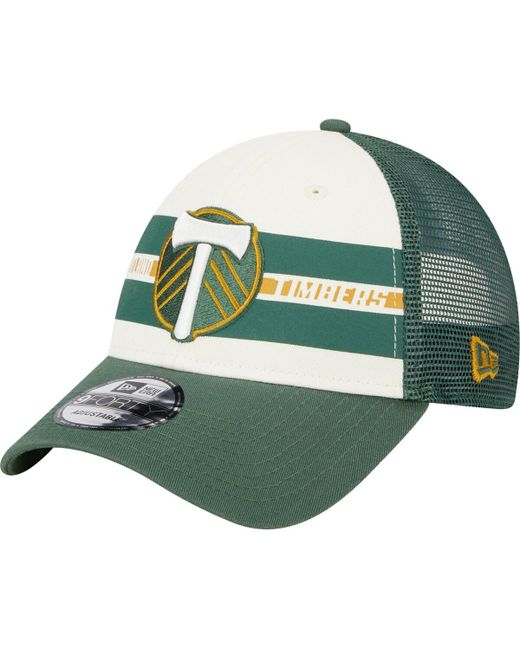 New Era and Green Portland Timbers Team Stripes 9FORTY Trucker Snapback Hat