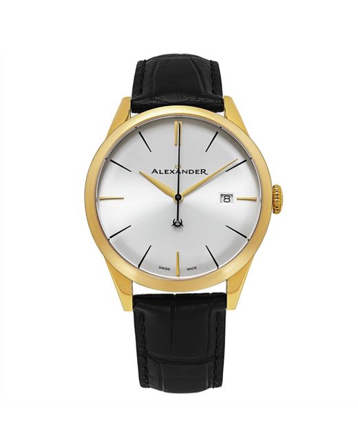 Stuhrling Alexander Watch Stainless Steel Yellow Gold Tone Case on Embossed Genuine Leather Strap