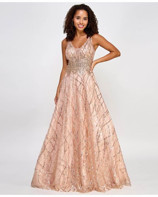 City Studios Juniors Glitter-Lace Embellished-Waist Plunge-Back Gown