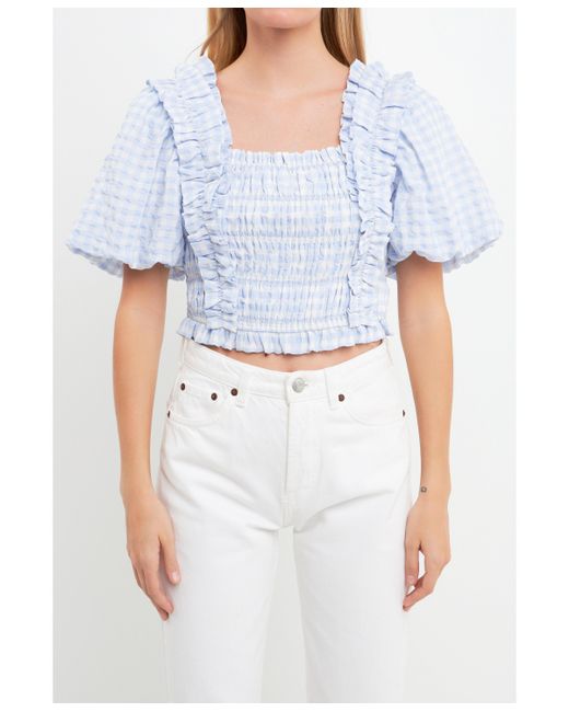 English Factory Gingham Smocked Puff Sleeve Top