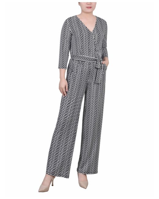 Ny Collection Petite Short 3/4 Sleeve Belted Wide Leg Jumpsuit