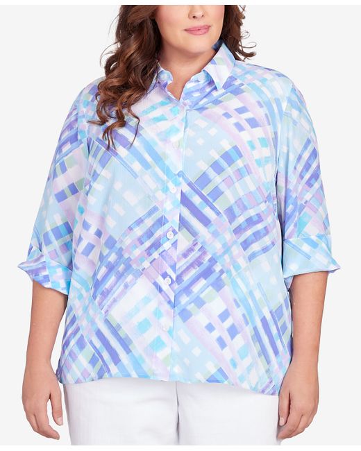 Alfred Dunner Plus Classic Brights Lattice Plaid Button Down Top