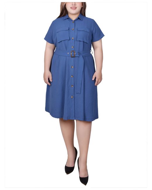 Ny Collection Plus Short Sleeve Belted Shirt Dress