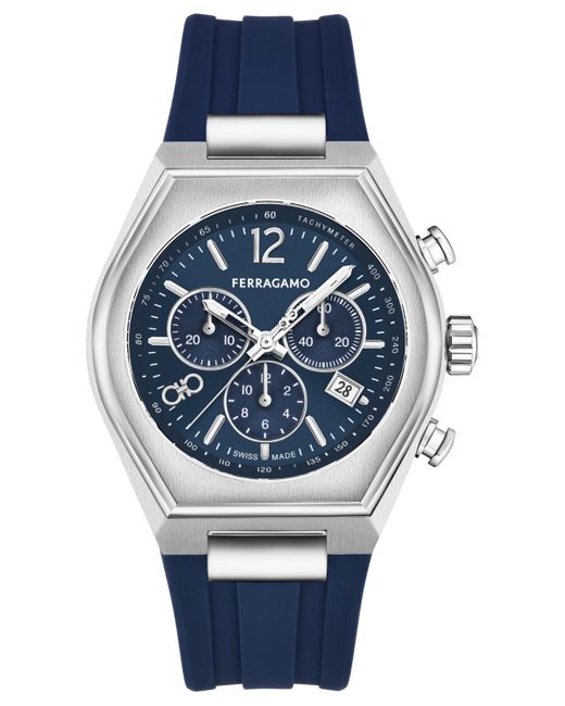 Ferragamo Salvatore Swiss Chronograph Tonneau Blue Silicone Strap Watch 42mm