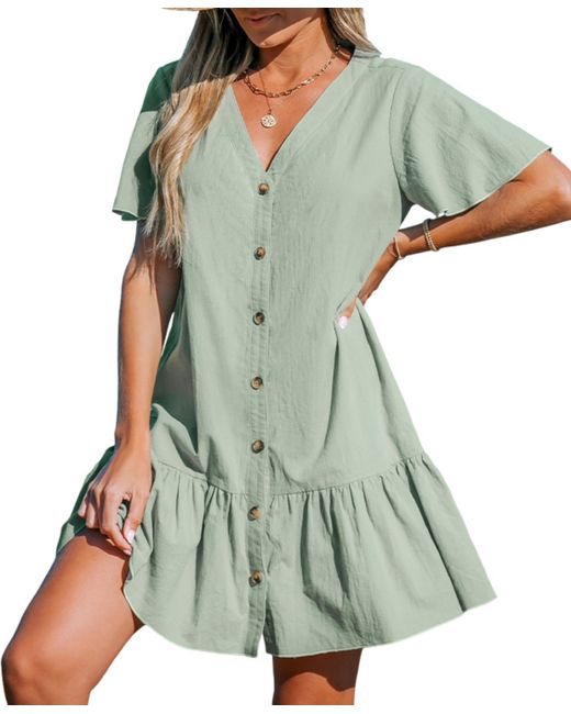 Cupshe Button-Up V-Neck Flounce Cover Up Dress pastel