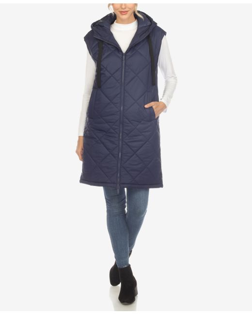 White Mark Diamond Quilted Hooded Long Puffer Vest Jacket