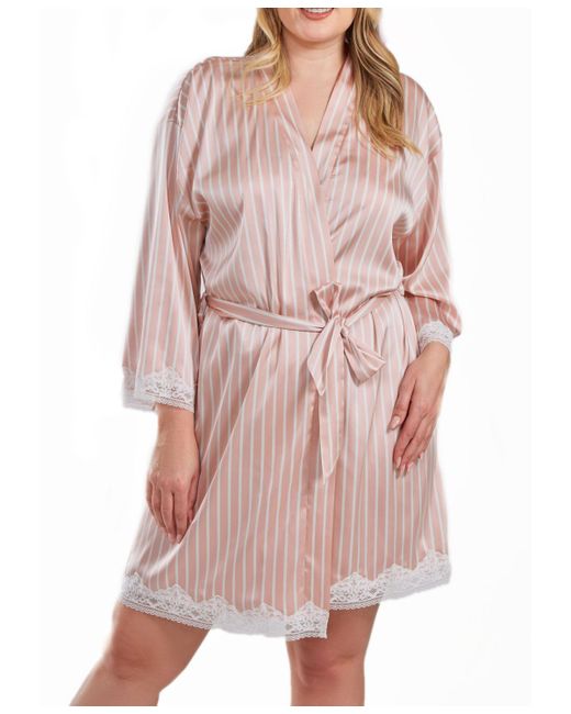 iCollection Brillow Plus Satin Striped Robe with Self Tie Sash and Trimmed Lace