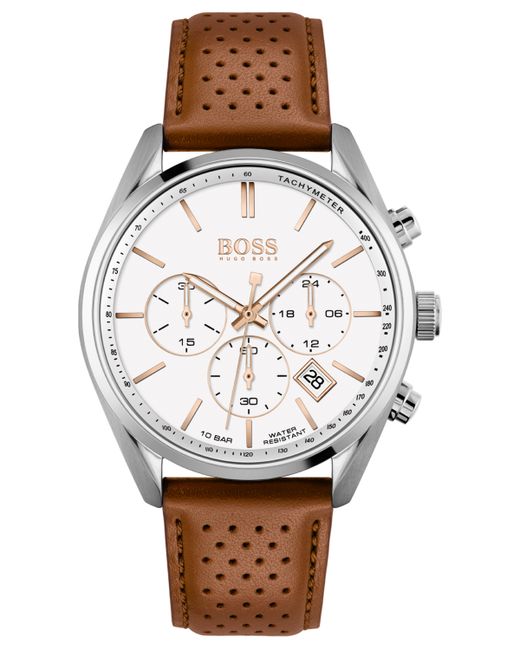 Boss Chronograph Champion Brown Perforated Leather Strap Watch 44mm