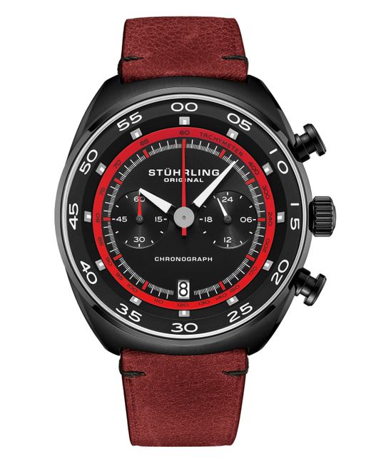 Stuhrling Chrono Red Genuine Leather Strap Watch with Tachymeter 44mm