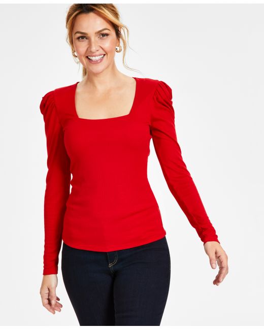 I.N.C. International Concepts Puff-Sleeve Square-Neck Ribbed Top Created for