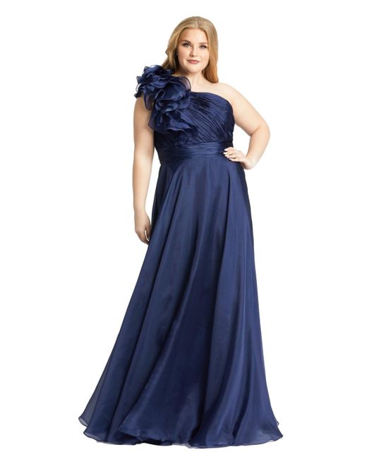 Mac Duggal Plus One-Shoulder Ruffle Evening Gown