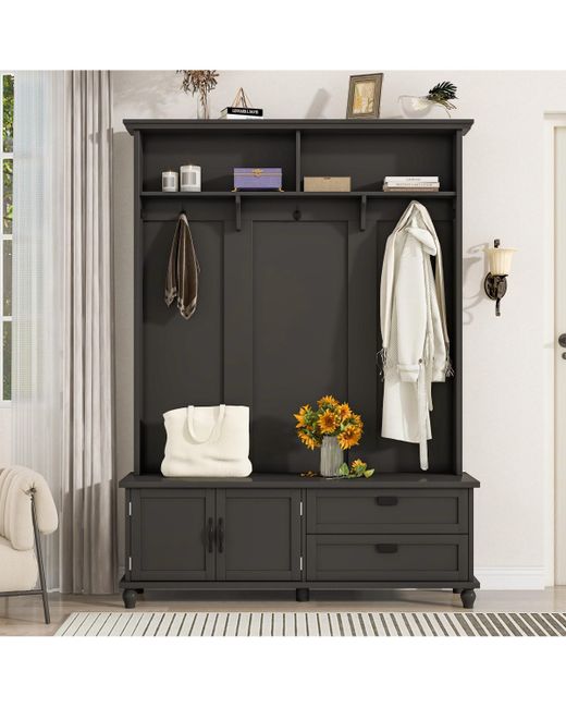 Simplie Fun Modern Style Hall Tree with Storage Cabinet and 2 Large Drawers Widen Mudroom Bench 5 Coat Hooks
