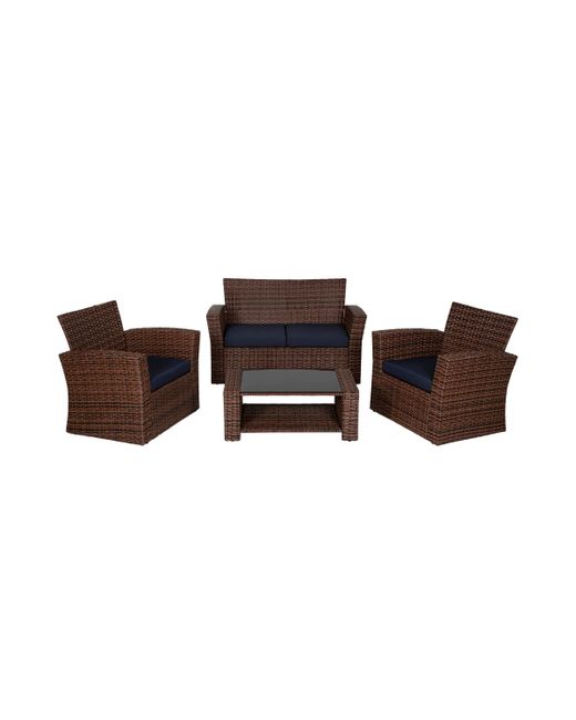 Westintrends 4 Piece Outdoor Wicker Rattan Conversation Sofa set with Coffee table navy blue