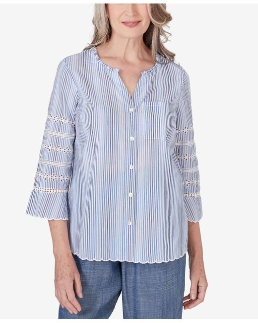 Alfred Dunner Bayou Pinstripe Embroidered Button Down Top