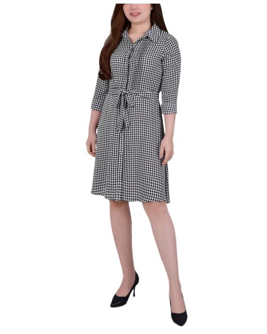 Ny Collection Petite Long Sleeve Belted Shirtdress White Houndstooth
